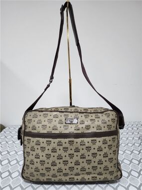 MCM Visetos Monogram PVC Canvas Leather Messenger/Crossbody Bag Beige/Brown